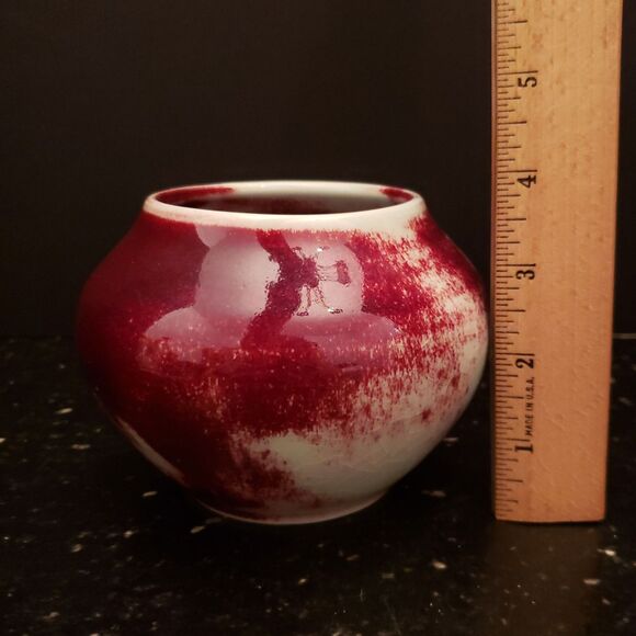 Ceramic Art Pottery Vase Celadon Ruby Red Glazed Signed Vintage - Picture 10 of 12